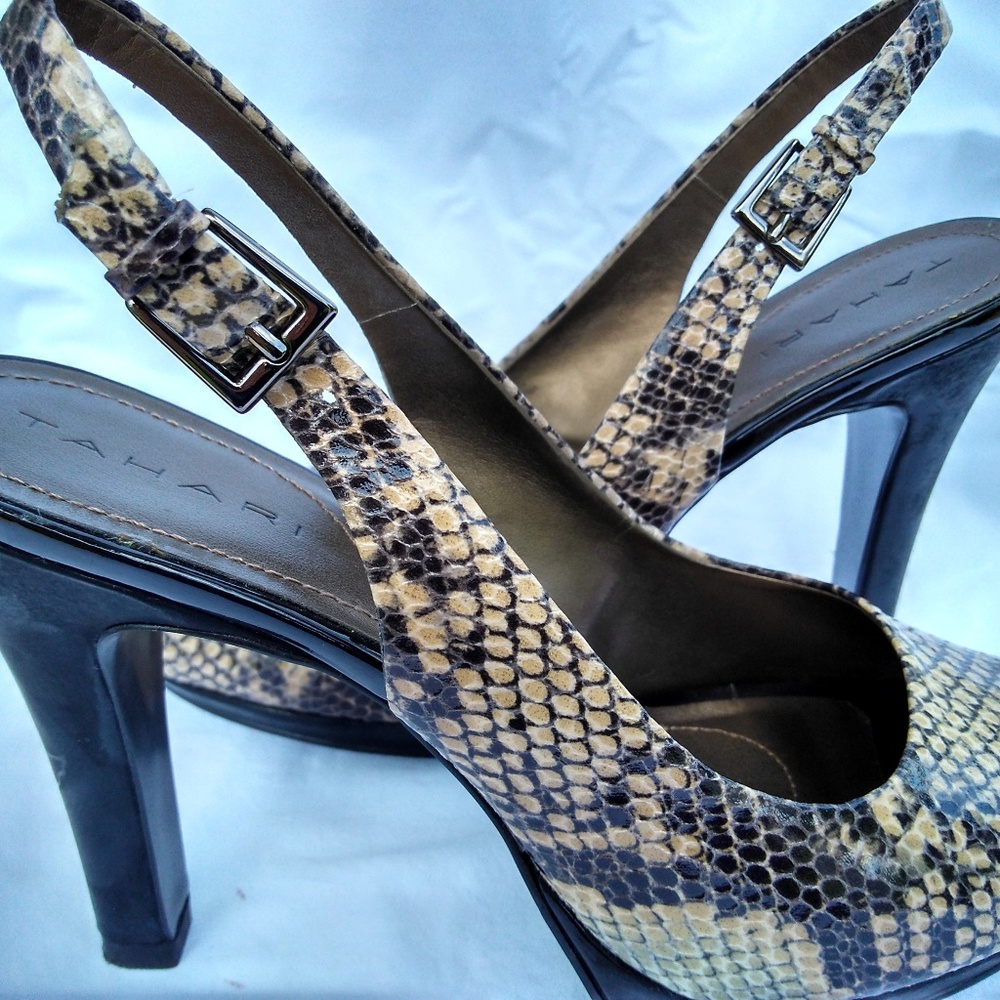 Tahari Snakeskin Print Platform Peep Toe Heels